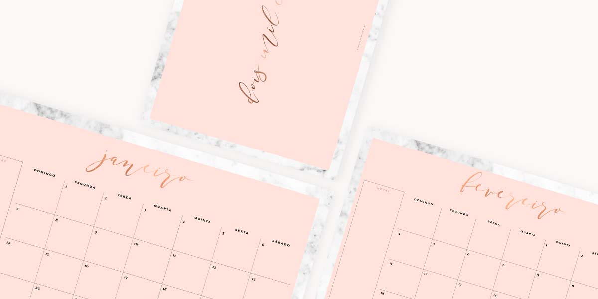 Freebie printable grátis planner mensal do Oh My Closet com design minimalista em mármore e rosa blush.