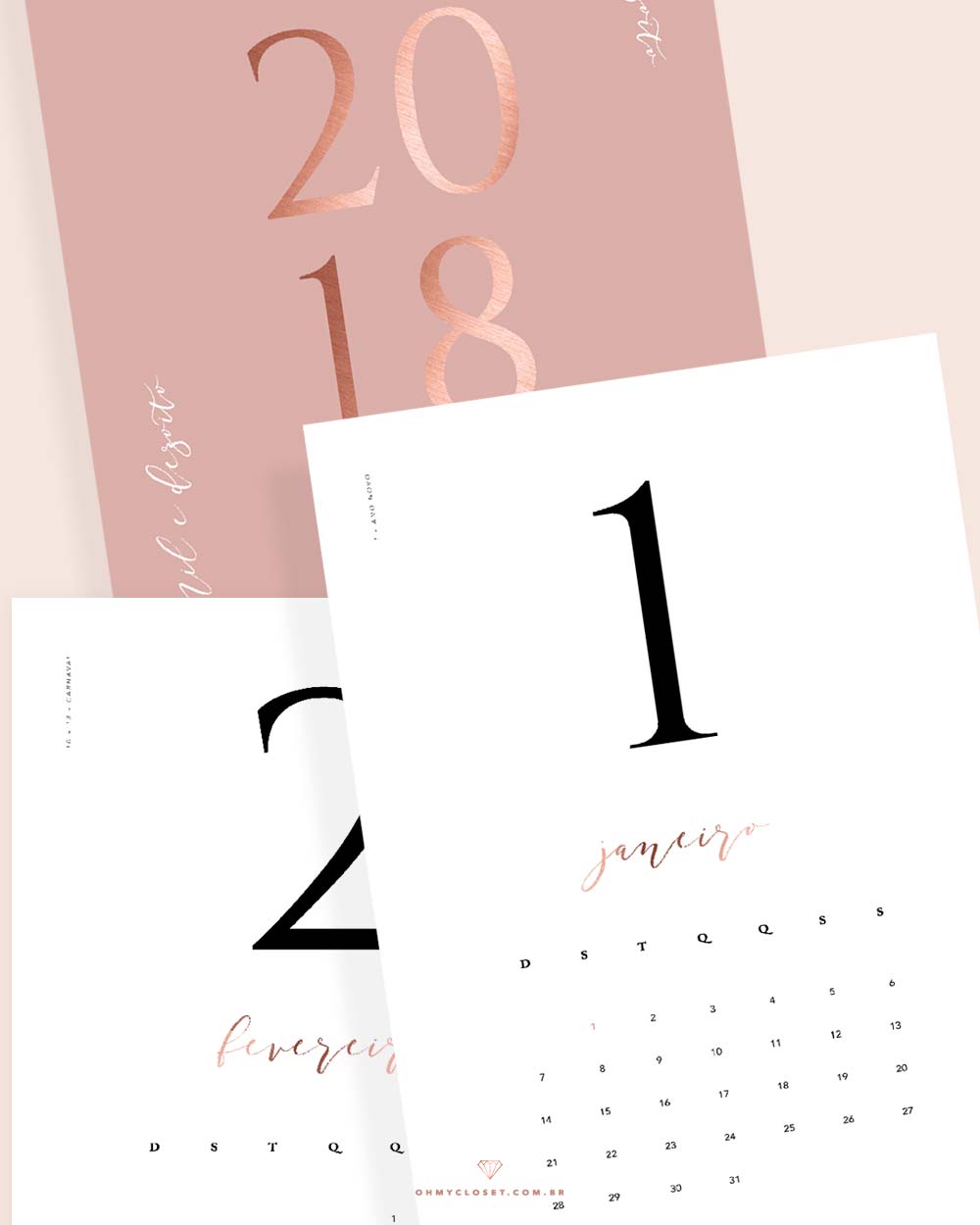 Calendário 2018 minimalista mês a mês para baixar e imprimir grátis, por Oh My Closet!