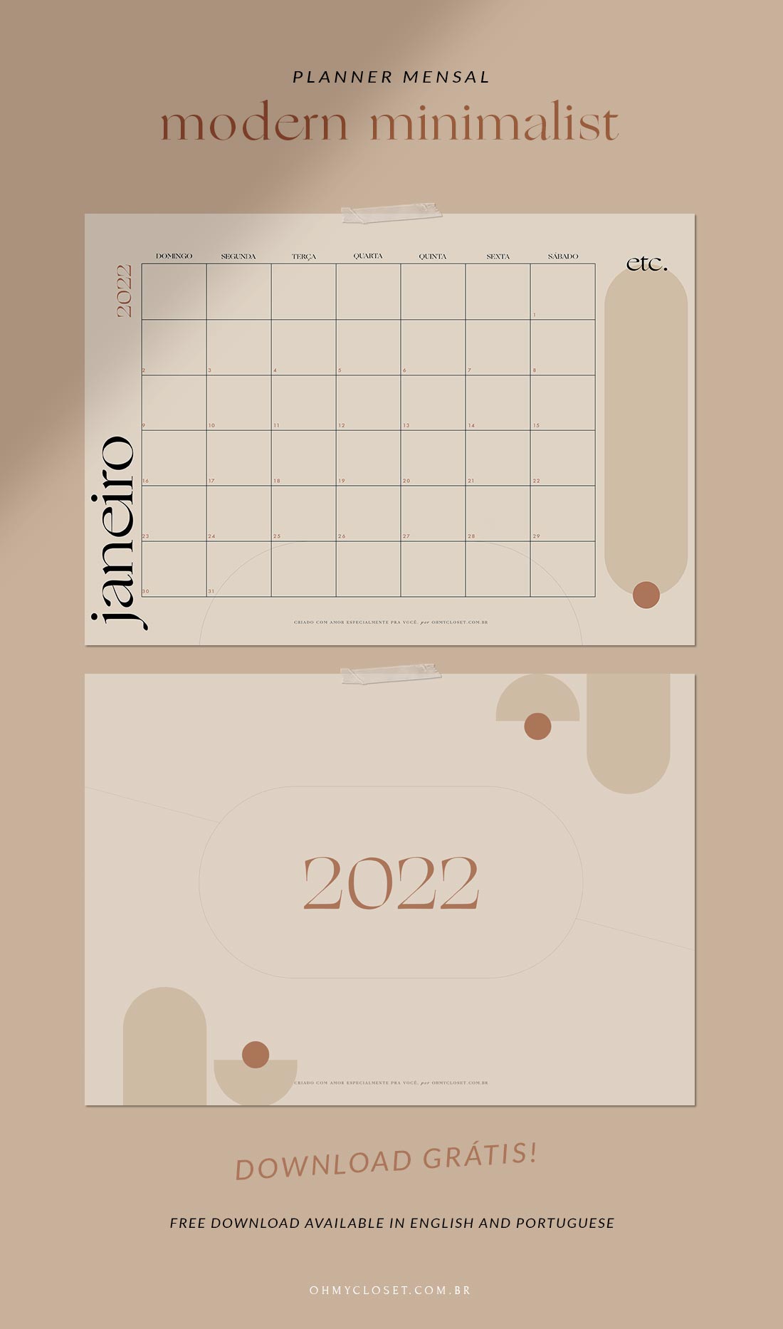 Planner mensal modern minimalist 2022 download grátis.